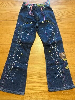 Girls' Dark Wash Jeans with Pink, Yellow & Blue Paint-Splash Detail